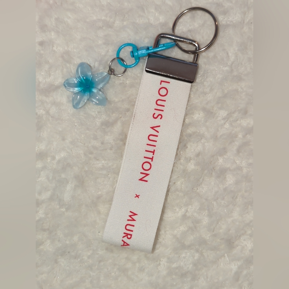 Louis Vuitton White & Pink Logo Strap Upcycled Keychain with Blue Flower Charm